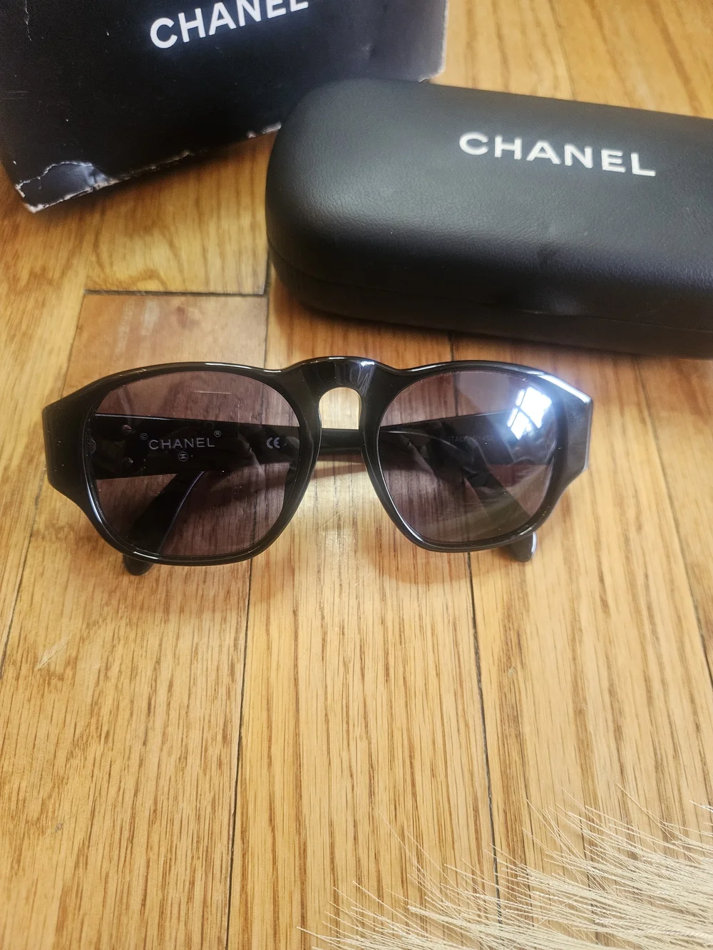 CHANEL Black Sunglasses with Dark Lenses, Case & Box Gold Logo